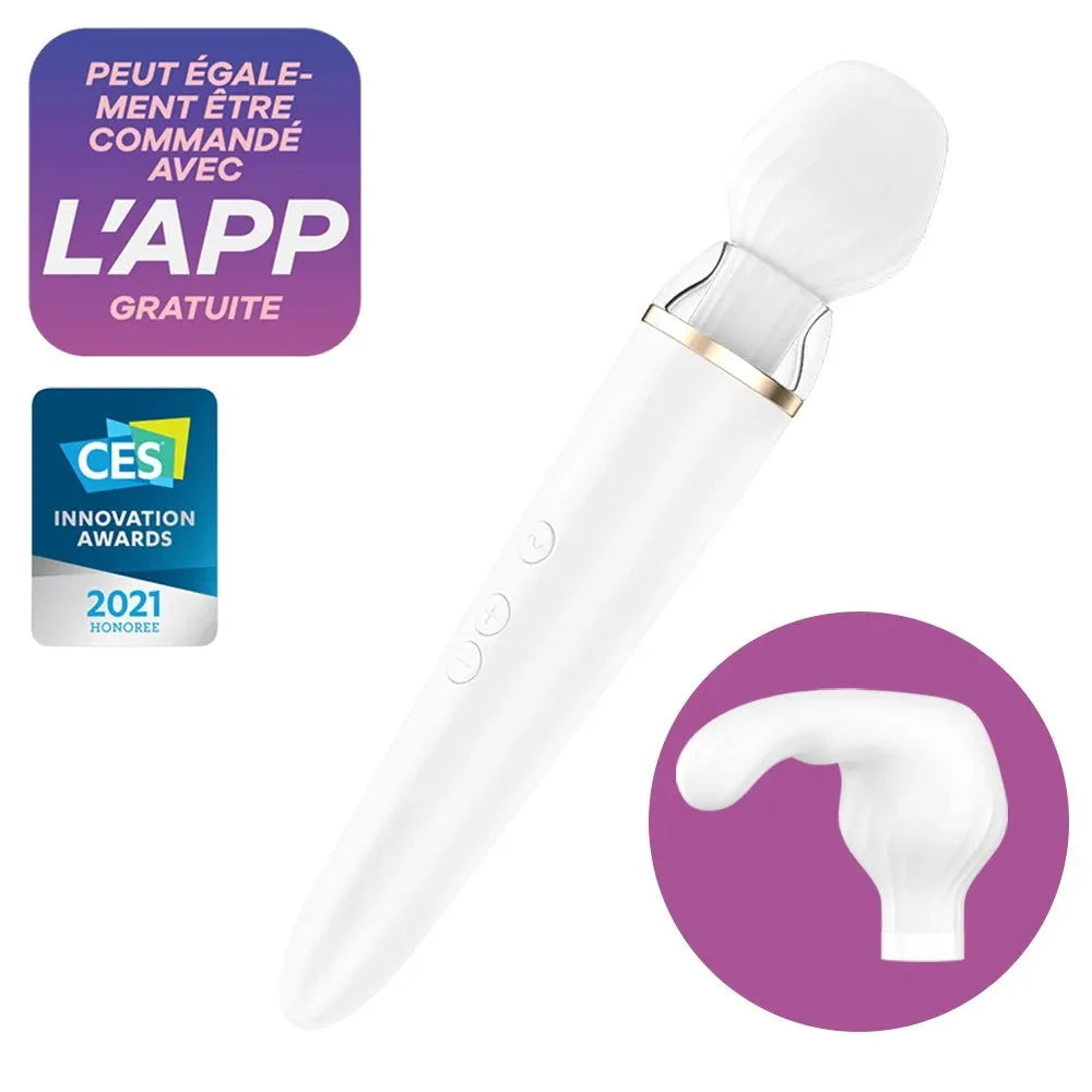 Vibromasseur connecté blanc USB avec tête interchangeable, primé au CES 2021, compatible application mobile.