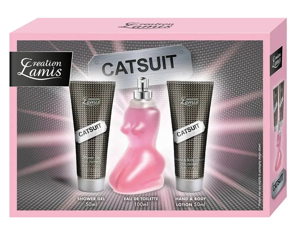 Coffret parfum Catsuit pour homme 100 ml, comprenant gel douche et lotion corps, fragrance sensuelle et masculine.