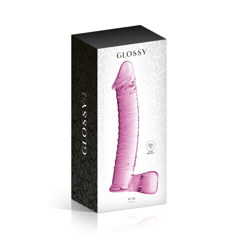 Glossy Toys n°15, gode en verre réaliste rose avec testicules 21cm