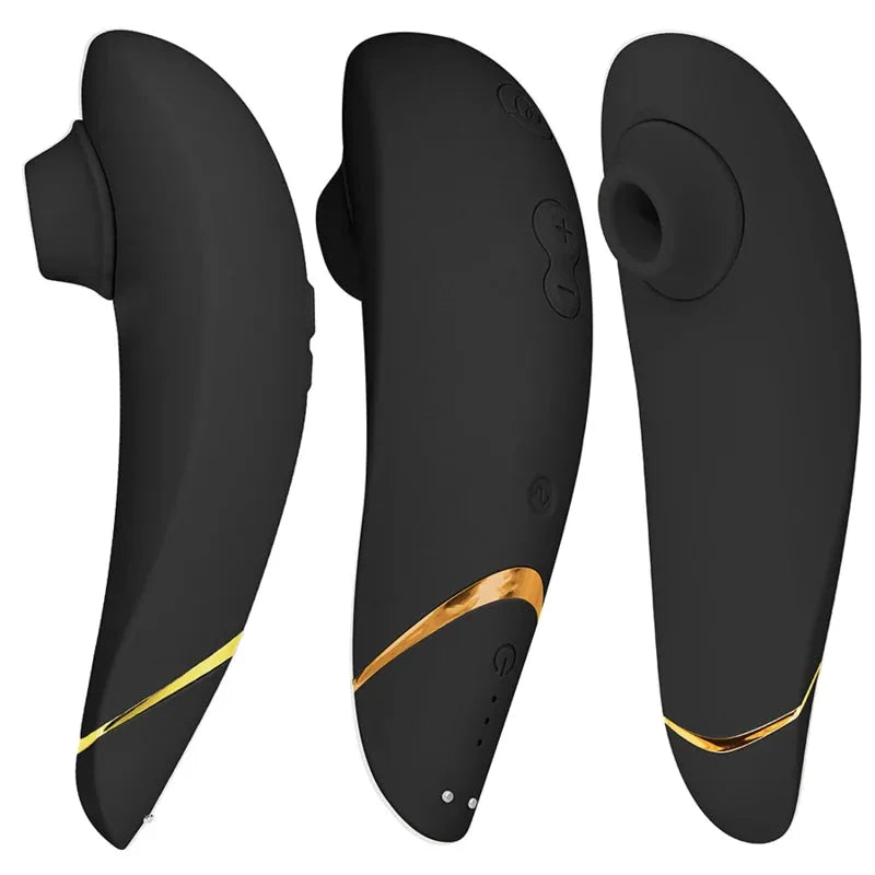 Stimulateur clitoridien en silicone noir avec détails dorés, étanche et ergonomique pour plaisir intense et discret.