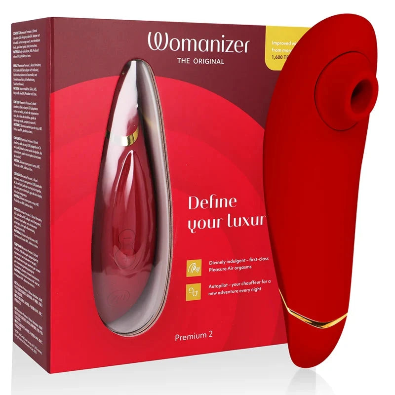 Stimulateur intime rouge Womanizer Premium, luxe et plaisir, technologie Pleasure Air.