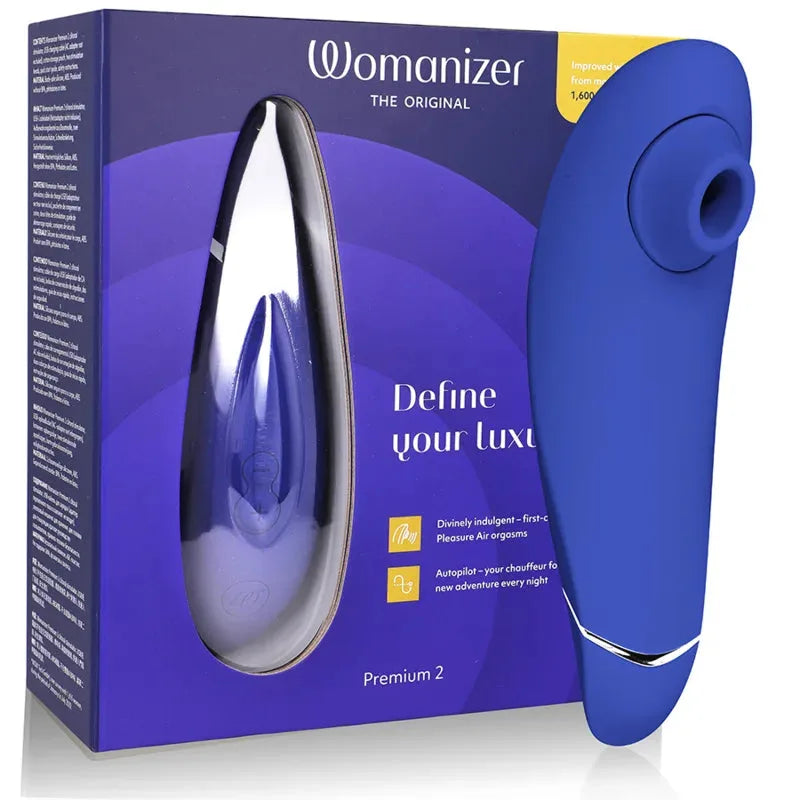 Stimulateur intime luxueux bleu, Womanizer Premium 2 avec technologie Pleasure Air, ergonomie raffinée.