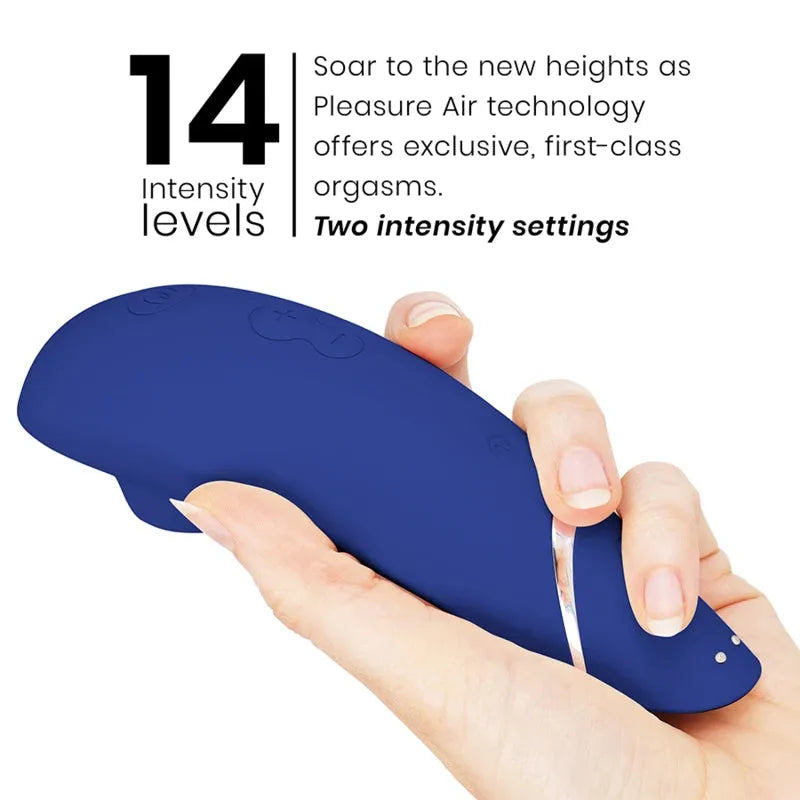 Vibromasseur bleu en silicone, 14 niveaux d'intensité, technologie Pleasure Air pour orgasmes exclusifs.