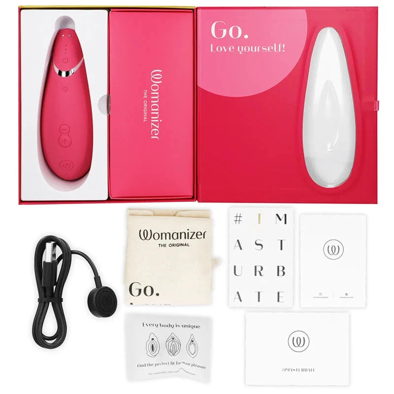 Stimulateur clitoridien Womanizer rouge, ergonomique et rechargeable, pour plaisir intime féminin.