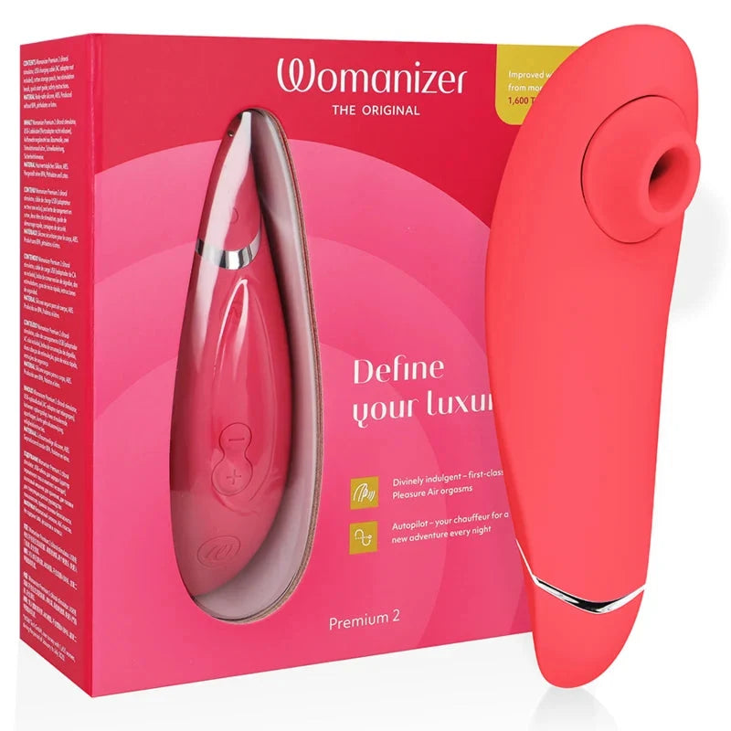 Stimulateur intime rose, Womanizer Premium 2, technologie Pleasure Air, design élégant et luxueux.
