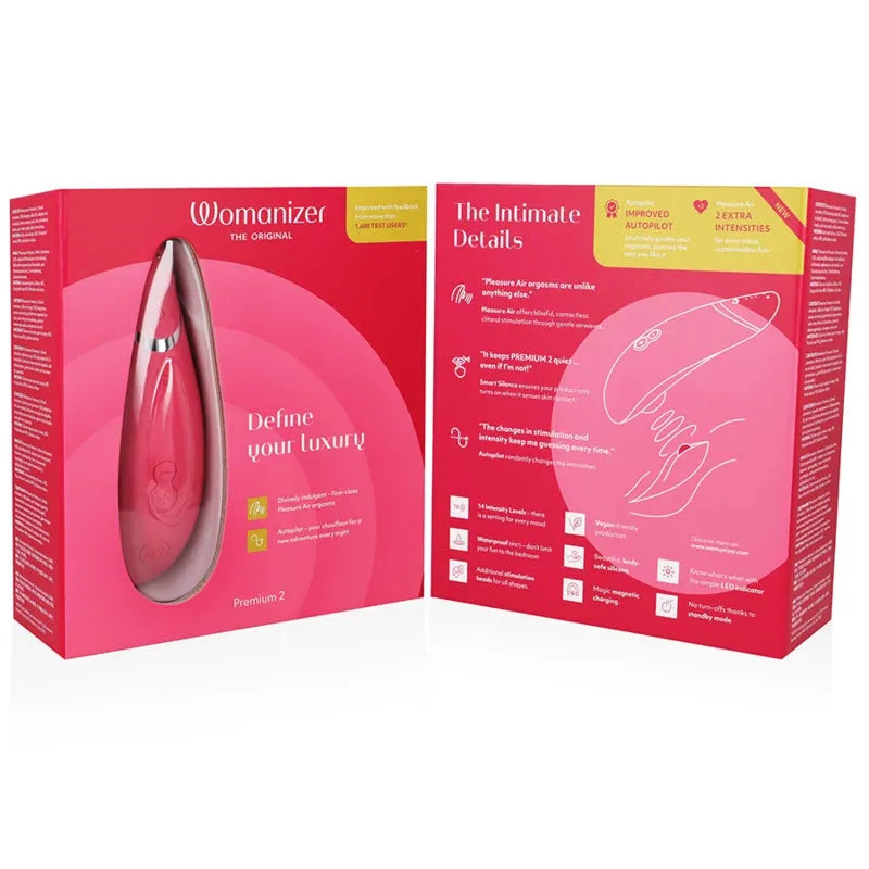 Womanizer Premium 2 rouge, stimulateur clitoridien luxe avec technologie Pleasure Air, étanche et silencieux.