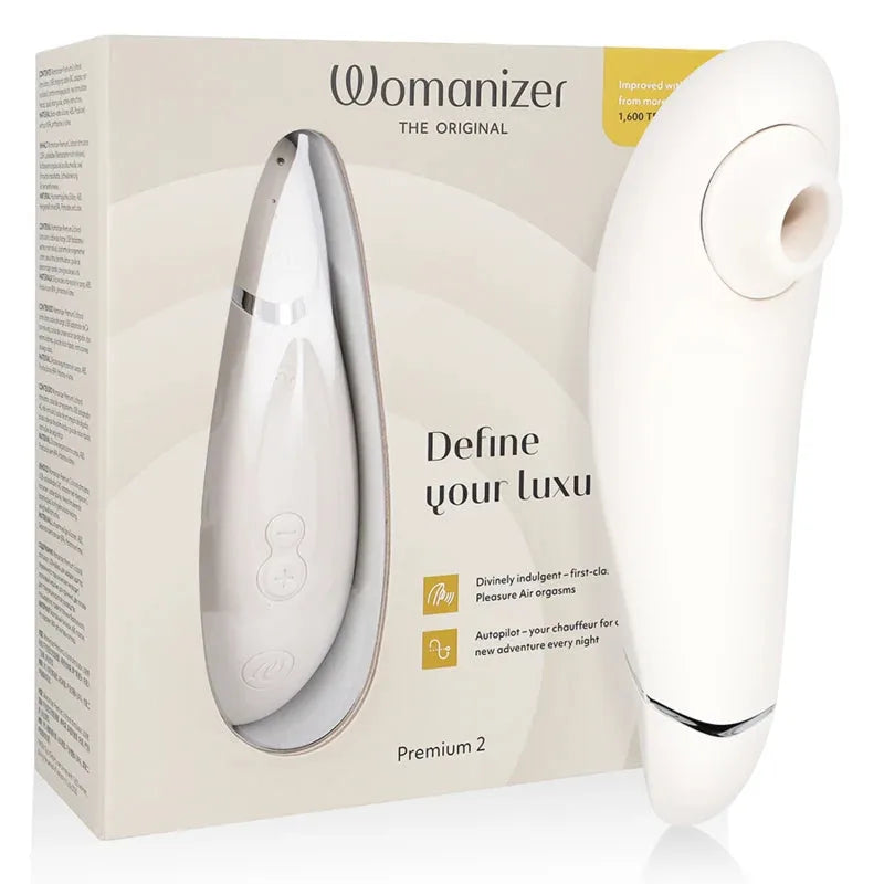 Stimulateur intime Womanizer Premium 2 blanc, technologie Pleasure Air, design élégant et luxe.