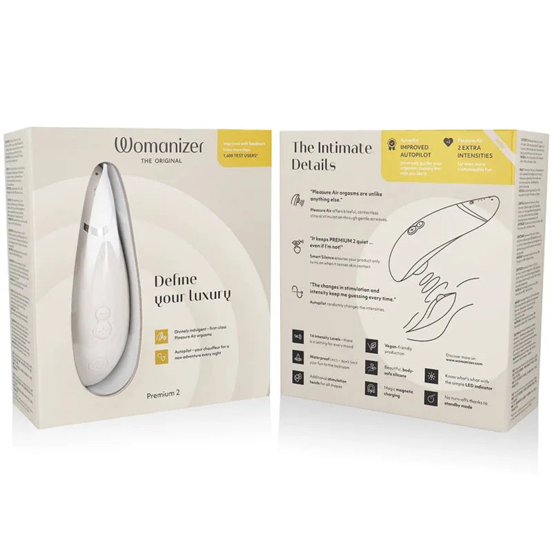 Stimulateur intime Premium 2 par Womanizer, technologie Pleasure Air, design élégant, idéal pour moments de luxe.