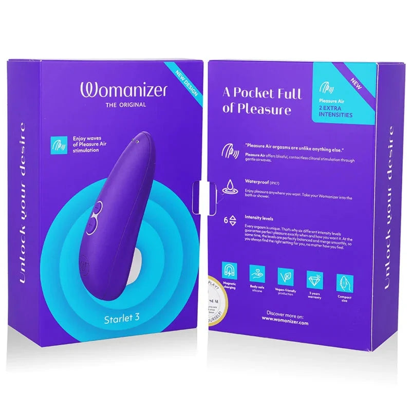 Stimulateur intime Womanizer Starlet 3 violet, waterproof, avec intensités variées pour plaisir clitoridien.