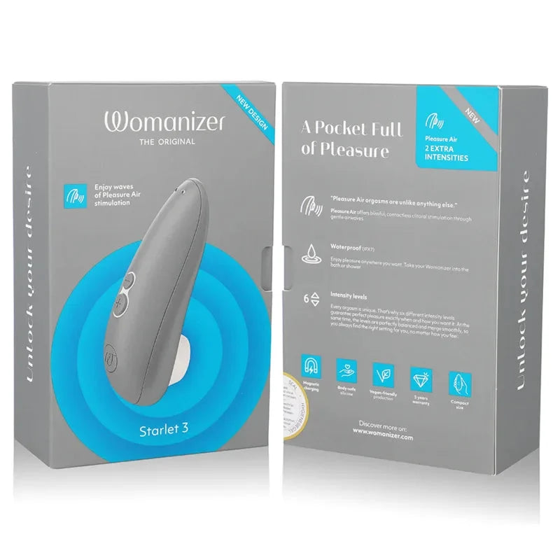 Stimulateur Womanizer Starlet 3 gris, waterproof, intensités réglables, technologie Pleasure Air, compact et ergonomique.