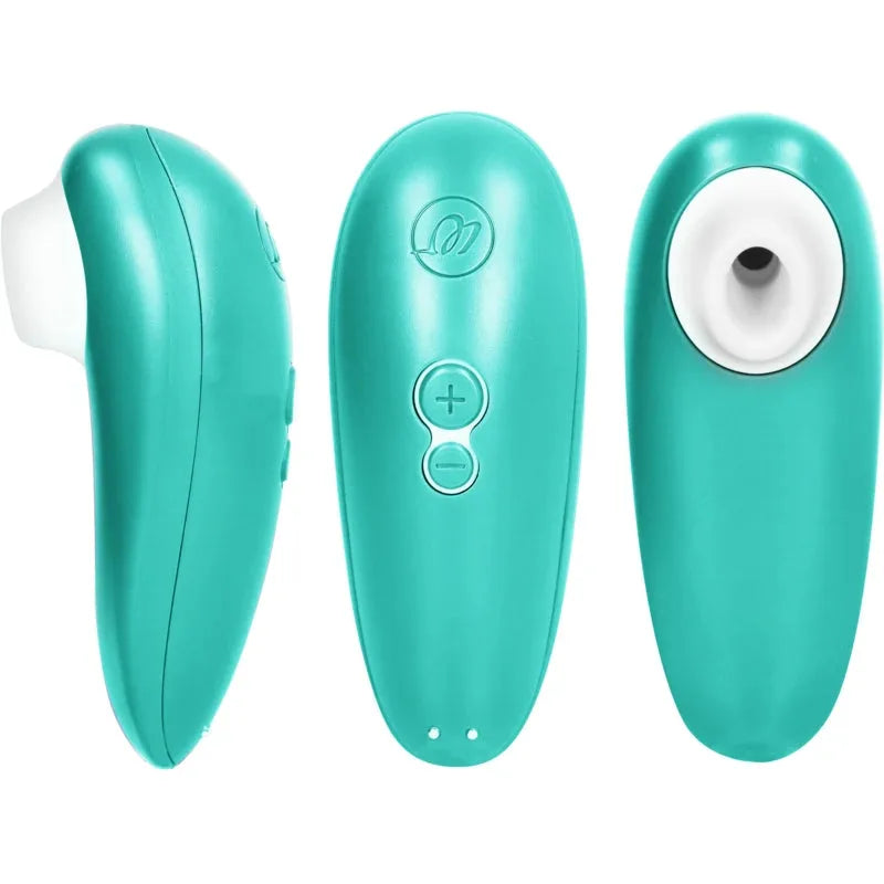 Stimulateur clitoridien vert turquoise en silicone doux, ergonomique et rechargeable, idéal pour le plaisir féminin.