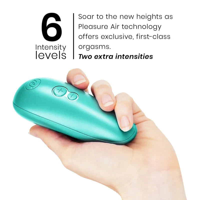 Vibromasseur turquoise ergonomique, 6 niveaux d'intensité, technologie Pleasure Air pour orgasmes exclusifs.