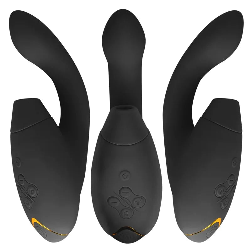 Stimulateur intime noir avec courbes ergonomiques et multiples modes vibratoires.