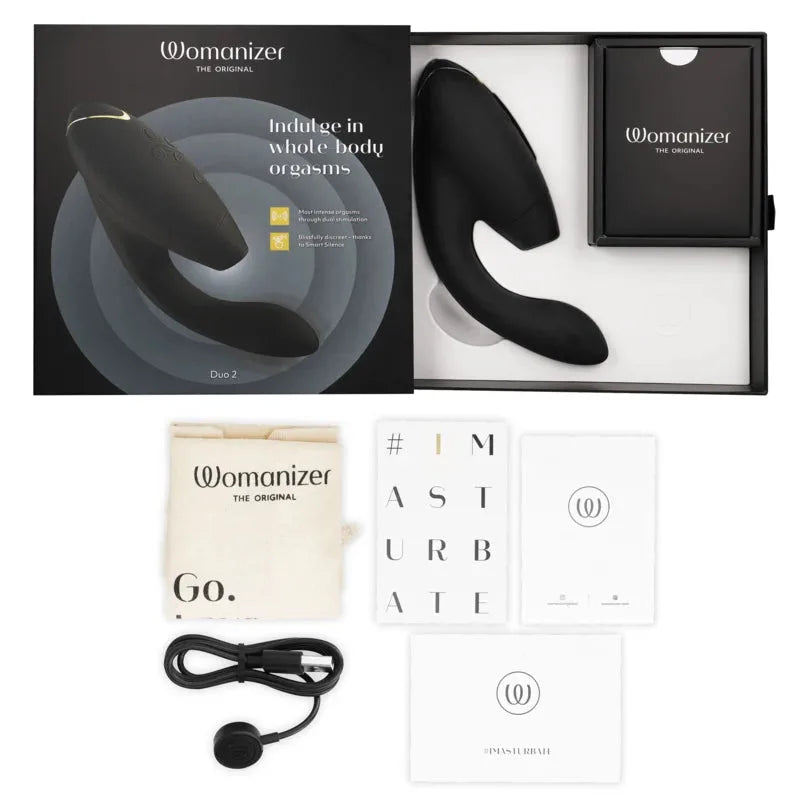 Stimulateur intime Womanizer Duo 2 noir, technologie Air Pleasure, rechargeable, pour sensations uniques corps entier.