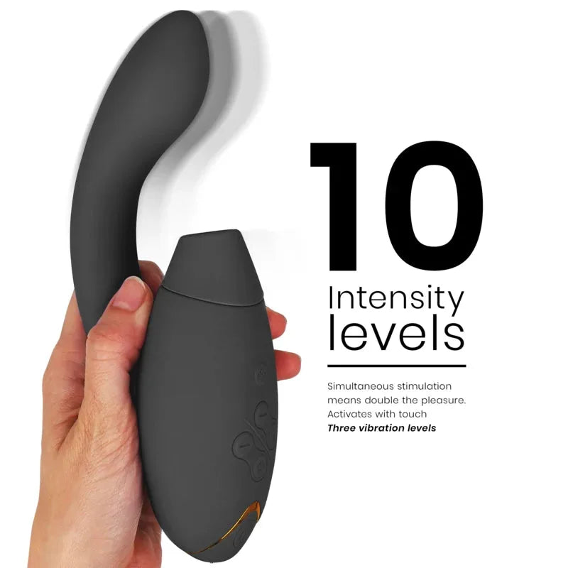 Vibromasseur ergonomique silicone noir, 10 niveaux d'intensité pour plaisir personnalisé, stimulation simultanée, facile à manipuler.