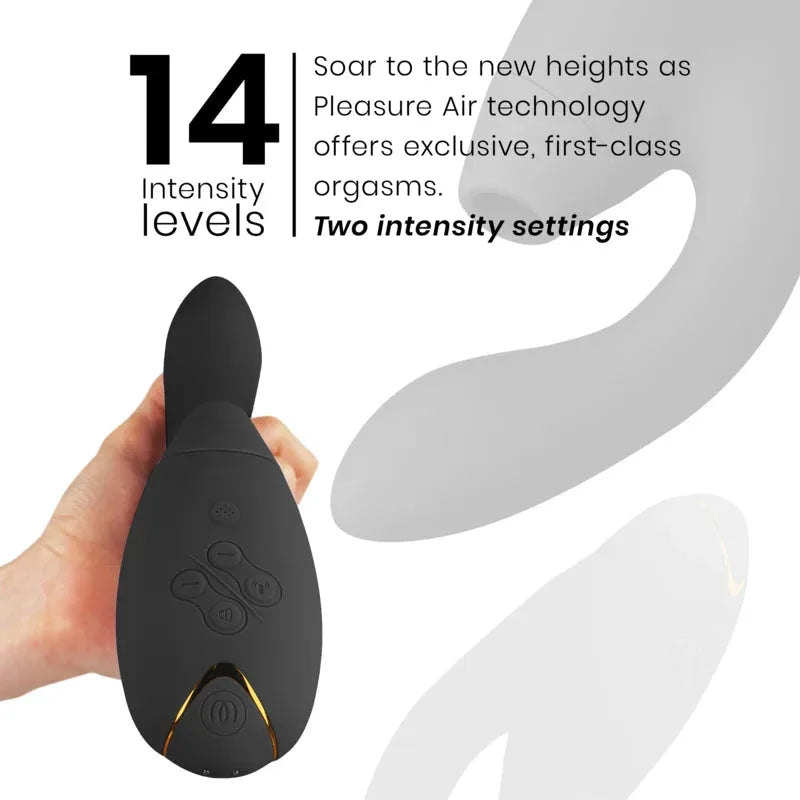 Vibromasseur noir avec 14 niveaux d'intensité, technologie Pleasure Air pour orgasmes ultimes.