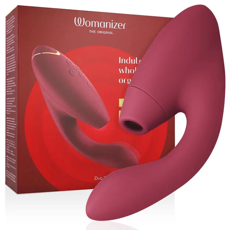 Stimulateur intime Womanizer Duo en silicone bordeaux, technologie de plaisir par pulsations d'air innovante.
