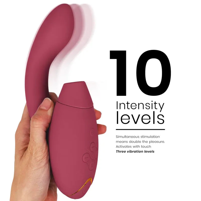 Vibromasseur ergonomique bordeaux, 10 niveaux d'intensité, stimulation simultanée, matériau doux et toucher activé.