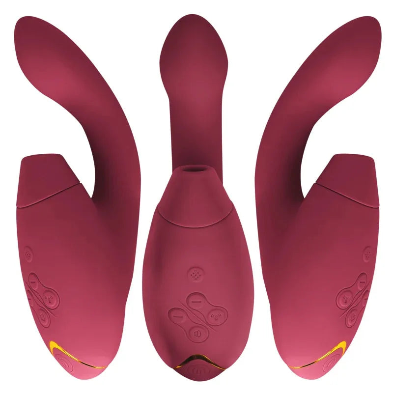 Vibromasseur ergonomique en silicone bordeaux, étanche, avec plusieurs modes de vibration pour stimulation intense.
