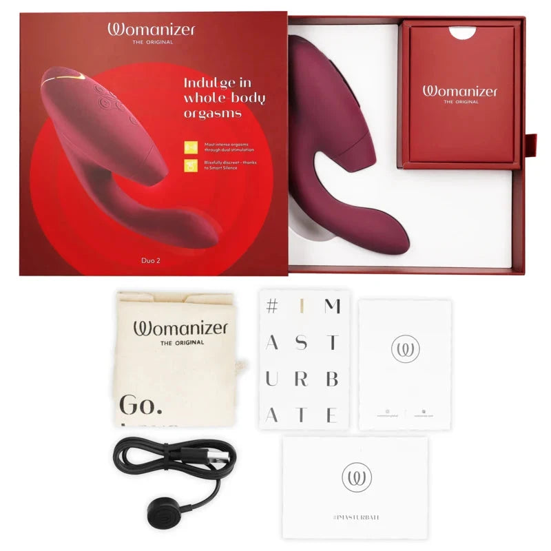 Stimulateur intime Womanizer Duo 2 bordeaux, design ergonomique, plaisir intense avec technologie Smart Silence.
