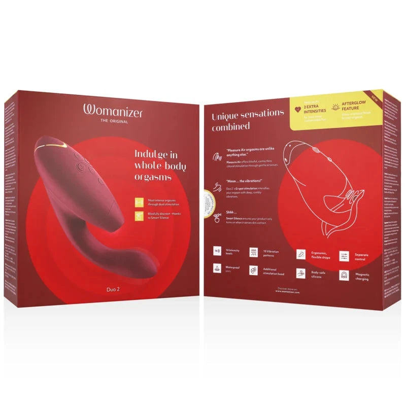 Stimulateur intime Womanizer Duo 2, silicone ergonomique, 12 niveaux, rechargeable, waterproof, pour sensations uniques.