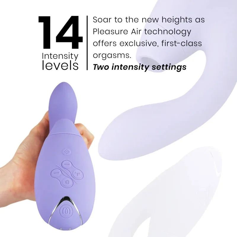 Vibromasseur violet ergonomique avec 14 niveaux d'intensité, technologie Pleasure Air, effet waterproof.