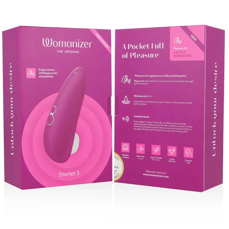 Stimulateur Womanizer Starlet 3 étanche, compact et innovant, offrant 6 niveaux d’intensité pour un plaisir personnalisé.