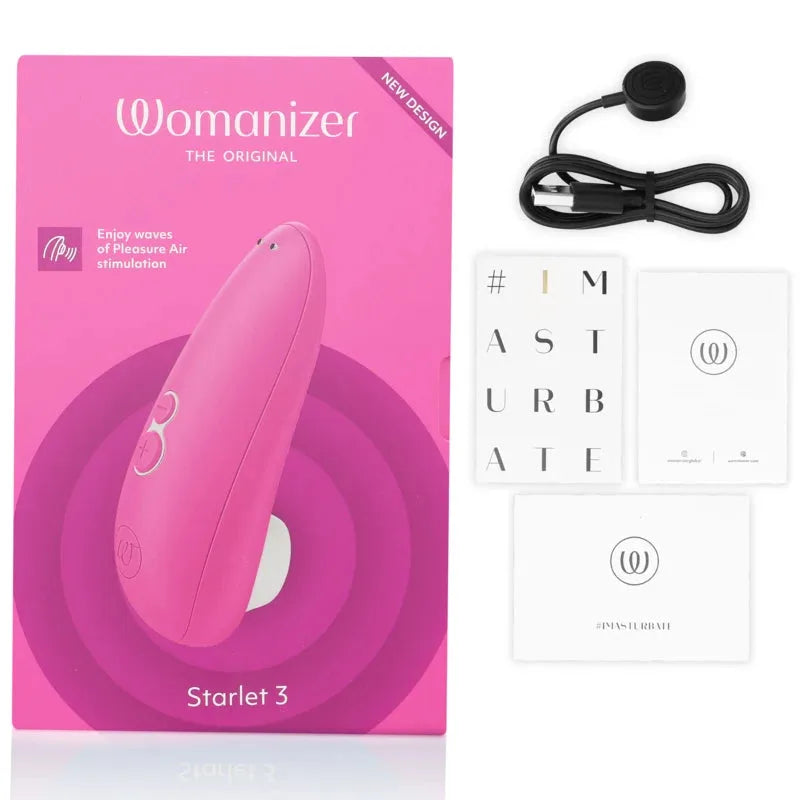 Womanizer Starlet 3 rose, stimulateur intime à technologie Pleasure Air, avec câble de chargement et guides inclus.