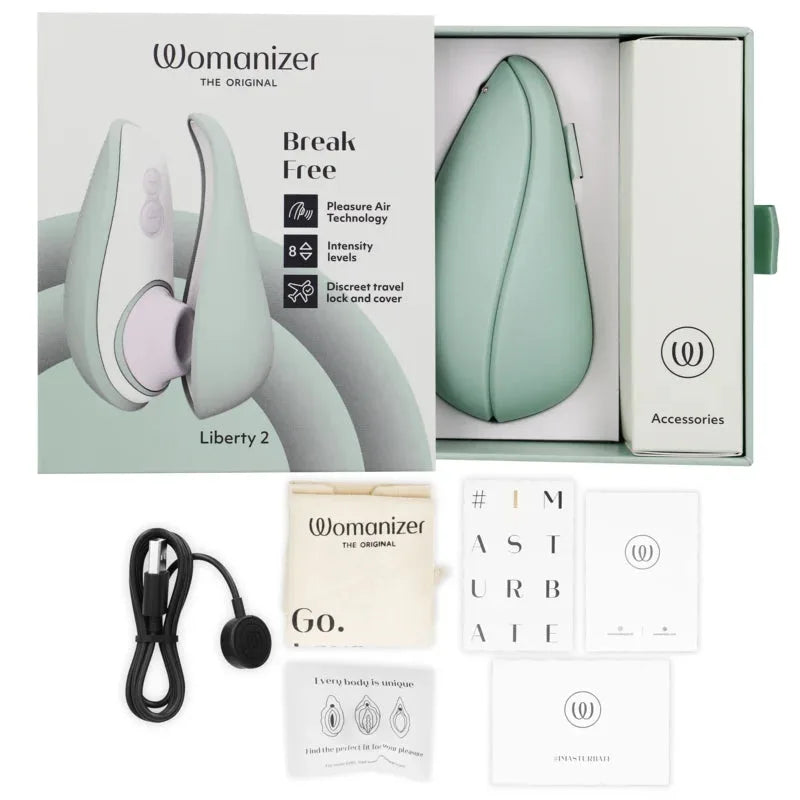 Stimulateur intime Womanizer Liberty 2 vert, technologie Pleasure Air, 8 niveaux d'intensité, idéal pour voyages discrets.