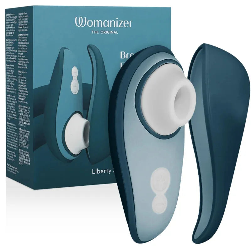 Stimulateur clitoridien Womanizer Liberty, bleu, compact et rechargeable, idéal pour le plaisir intime discret et efficace.
