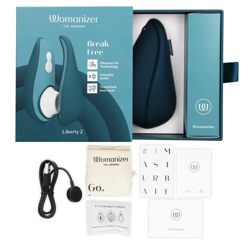 Stimulateur de plaisir Womanizer Liberty 2 avec technologie Air, 8 niveaux d'intensité, design compact et accessoires inclus.