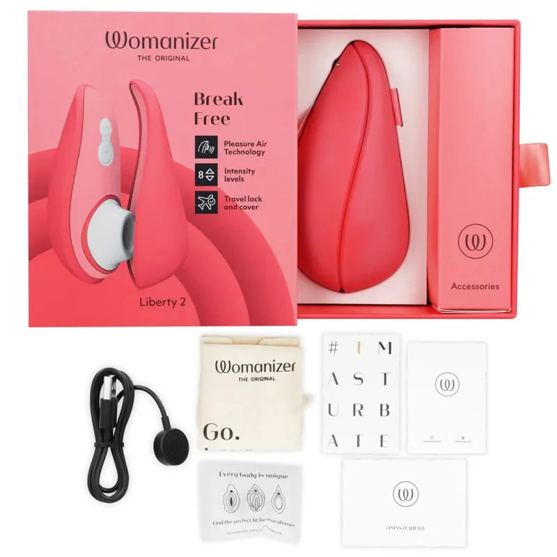 Stimulateur Womanizer Liberty 2, rouge, technologie Pleasure Air, 8 niveaux, idéal pour voyager.