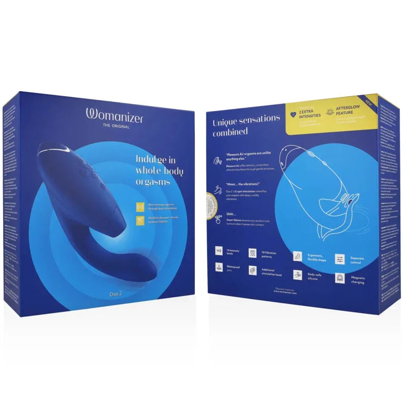 Stimulateur clitoridien ergonomique Womanizer Duo 2, bleu, multi-vibrations, silicone doux, étanche, sensations uniques.
