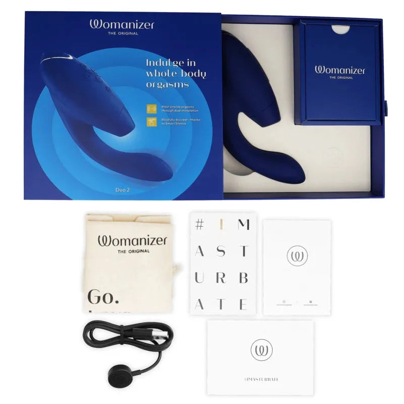 Stimulateur Womanizer Duo 2 bleu, étanche, finition douce, pour plaisir intense. Rechargeable USB, technologie Smart Silence.