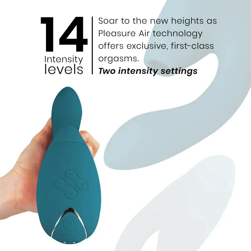 Stimulateur intime bleu avec 14 niveaux d'intensité, technologie Pleasure Air pour orgasmes uniques.