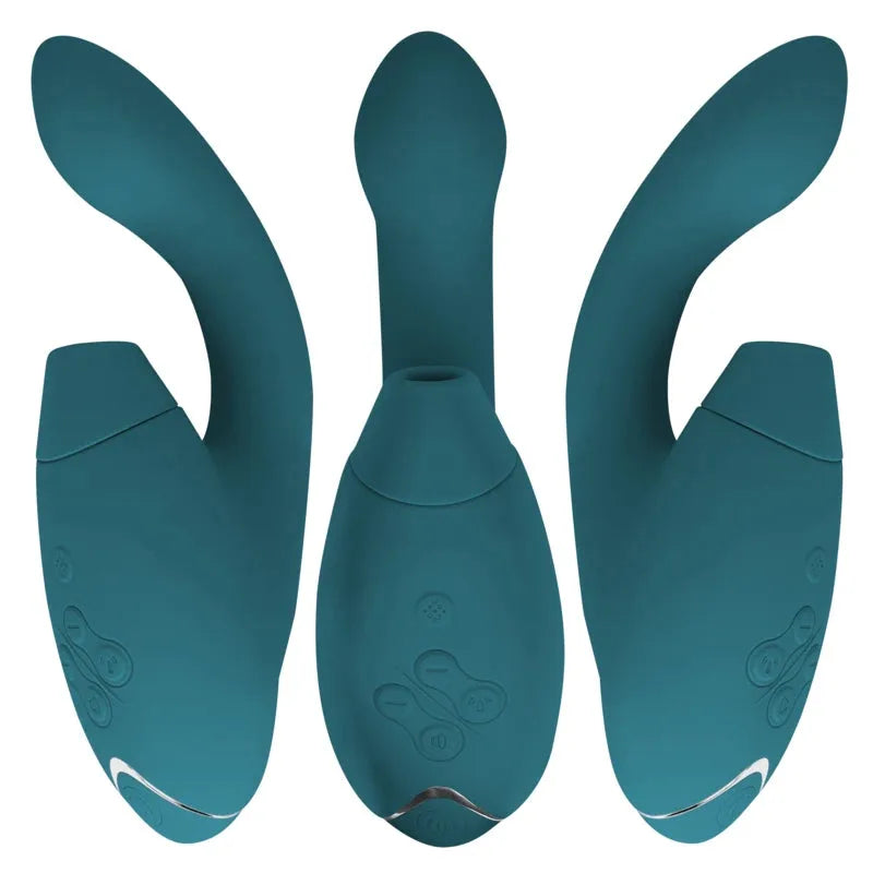 Stimulateur en silicone bleu canard, ergonomique et waterproof, idéal pour le plaisir intime.