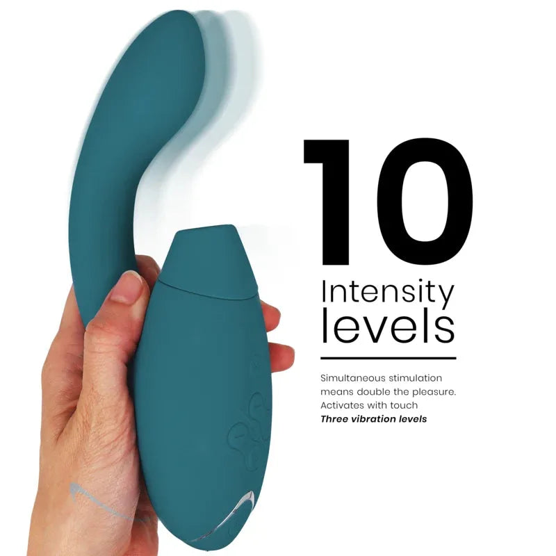 Vibromasseur courbé bleu, silicone doux, 10 niveaux d'intensité. Stimulation simultanée, activation tactile intuitive.