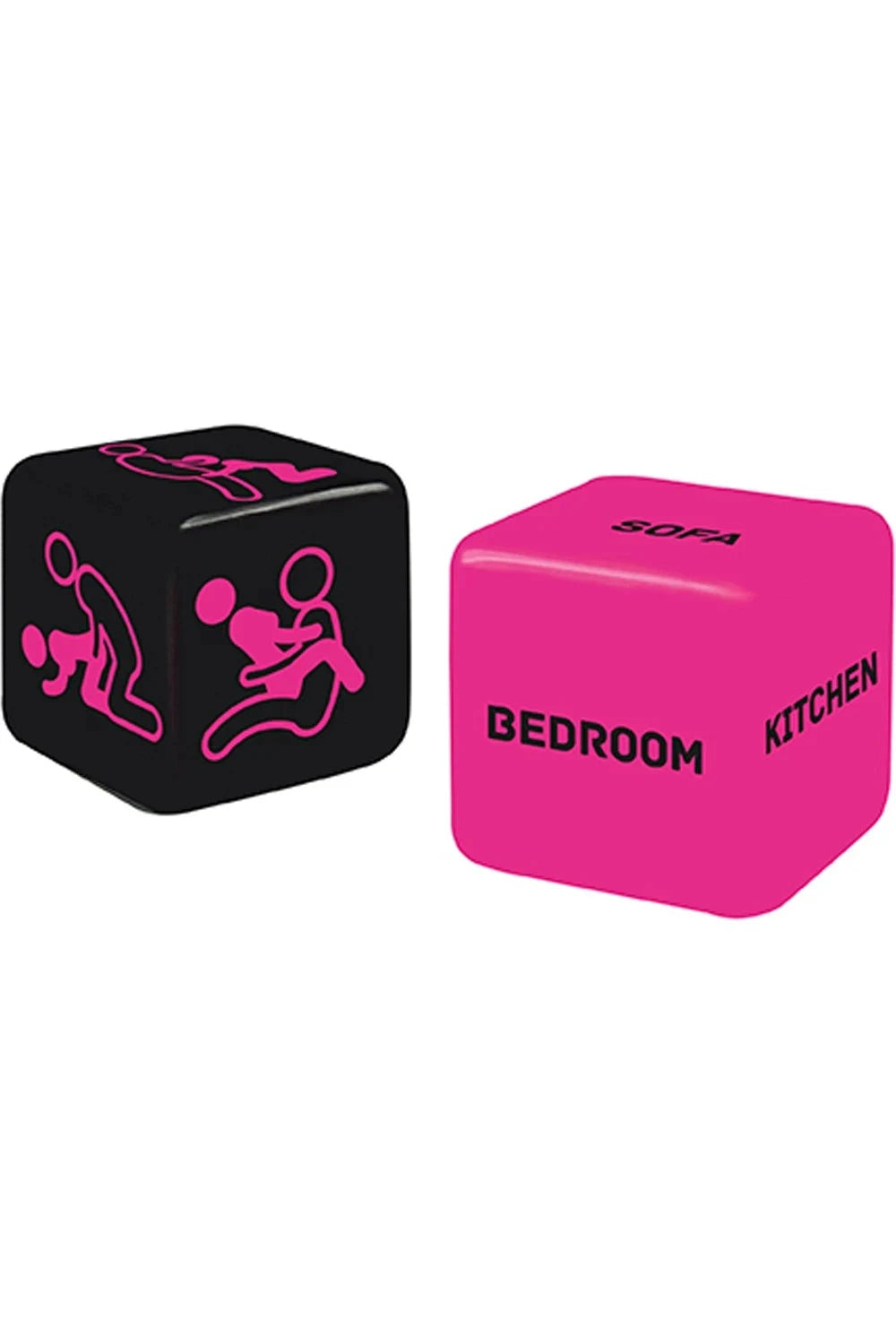 Dés érotiques Kamasutra pour pimenter vos soirées, noir et rose avec positions et lieux suggestifs.