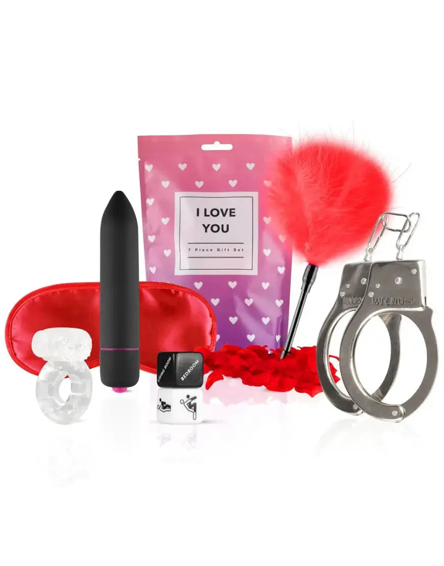 Coffret cadeau intime: vibromasseur noir, menottes métalliques, plumeau rouge, bandeau satin et dés érotiques.
