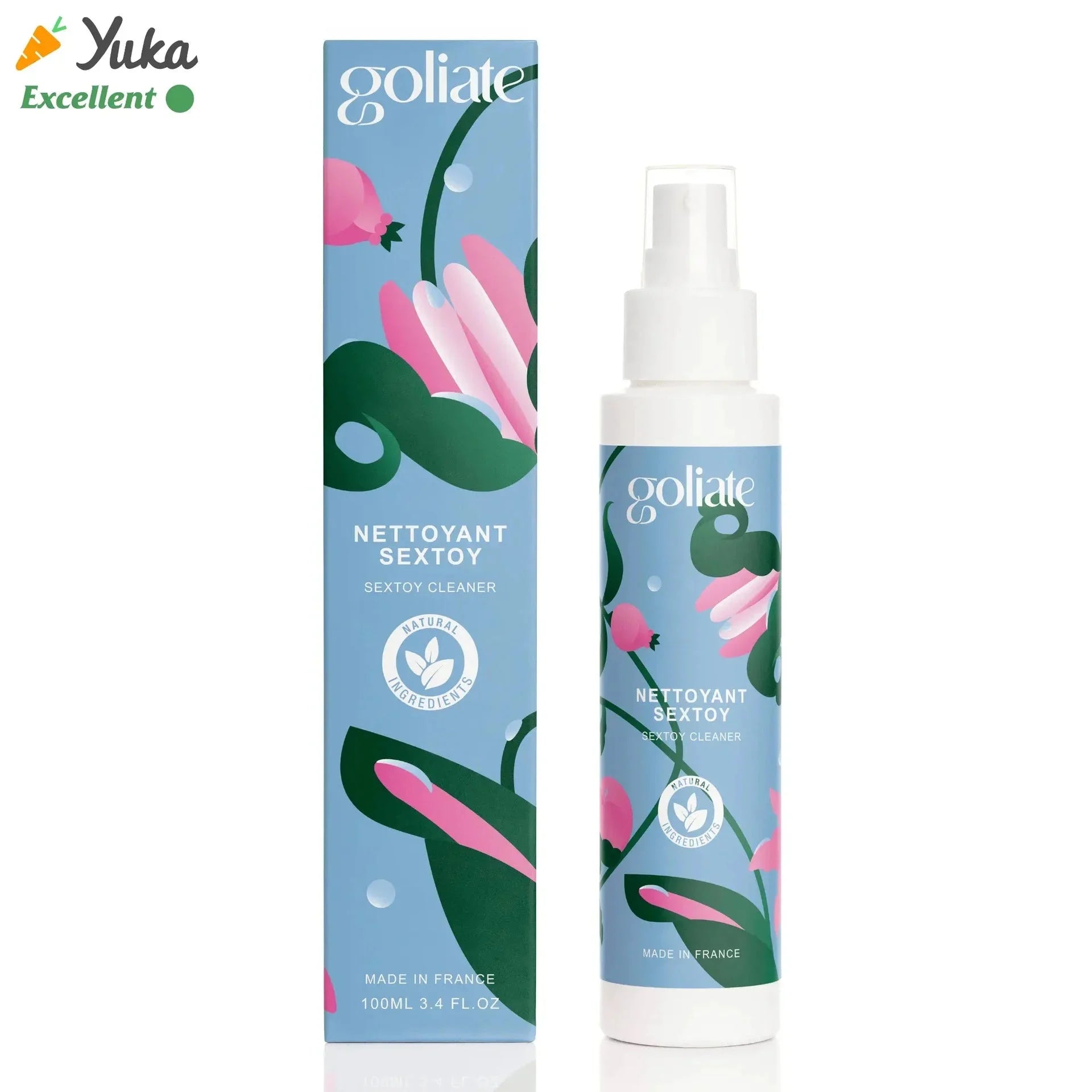 Nettoyant pour sextoys avec ingrédients naturels, fabriqué en France, 100ml, design floral et écologique, par Goliate.