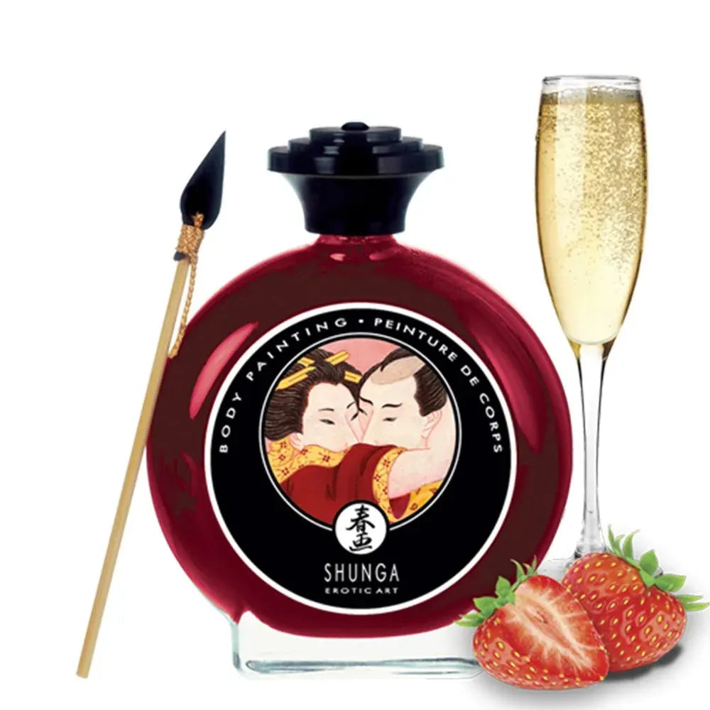 Peinture corporelle érotique saveur fraise, Shunga, avec pinceau et verre de champagne pour jeux intimes sensuels.