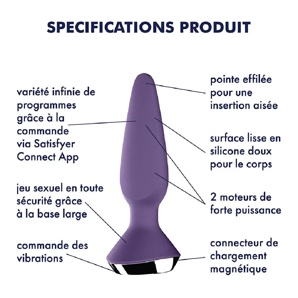 Plug anal vibrant violet connecté, silicone doux, appli Satisfyer, base large sécurisée, deux moteurs puissants, chargeur USB.