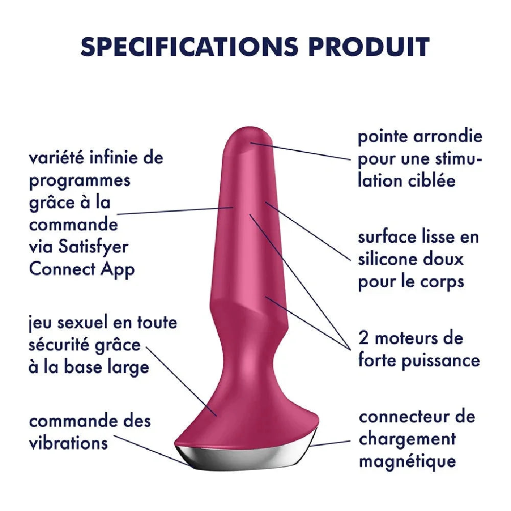 Plug anal vibrant en silicone, contrôlable via app, base large pour sécurité, recharge magnétique, design ergonomique.