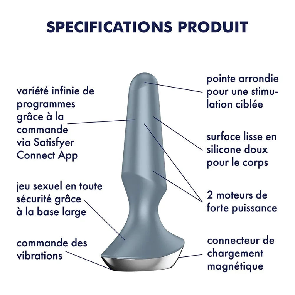 Plug anal vibrant en silicone bleu, commande via application, double moteur puissant, recharge USB, Satisfyer Connect.