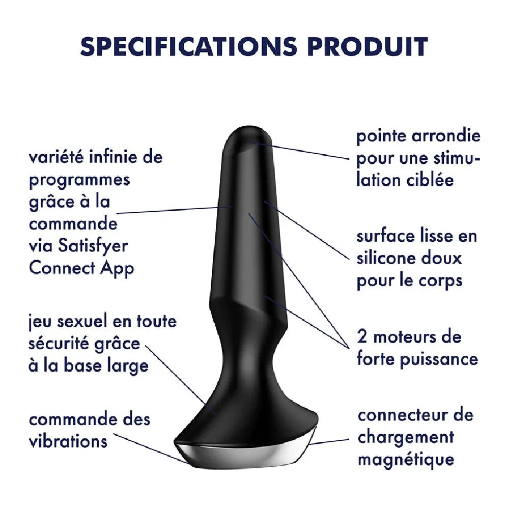 Plug anal vibrant connecté, silicone doux, pointe arrondie, app Satisfyer, base large, 2 moteurs puissants, recharge USB magnétique.