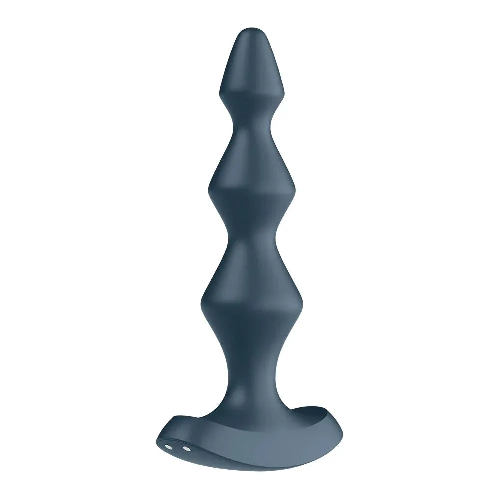 Plug anal vibrant gris, design ergonomique, silicone doux, rechargement USB, pour exploration intime et plaisir optimal.