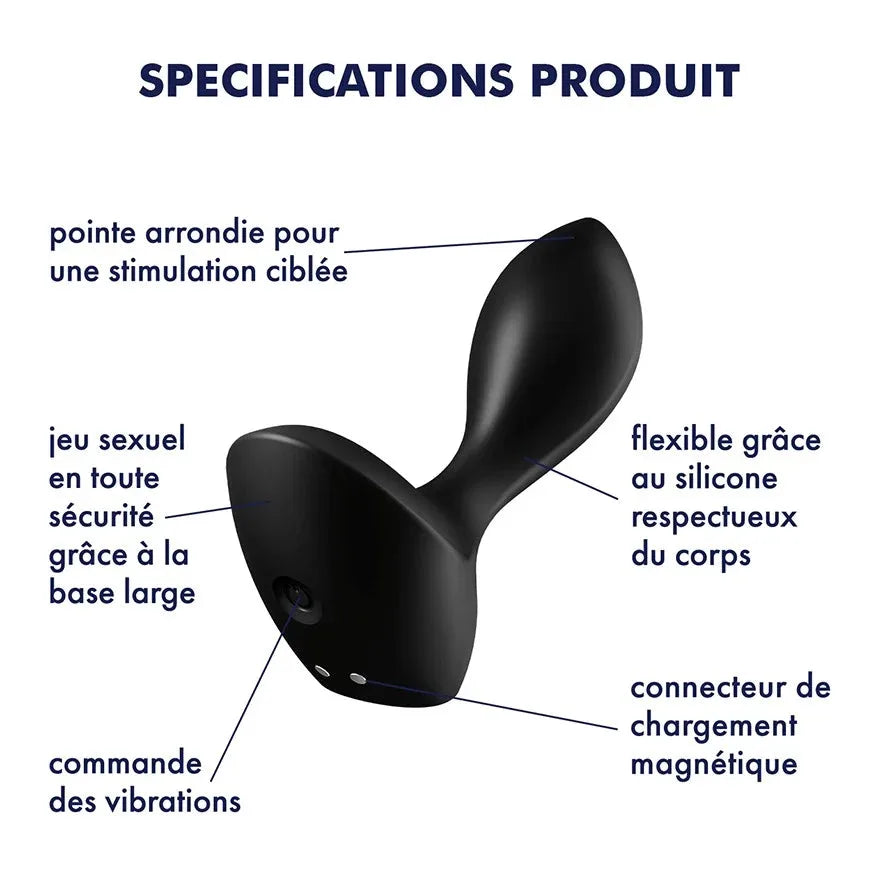 Plug anal vibrant en silicone noir, flexible et rechargeable, pour une stimulation ciblée et sécurisée.