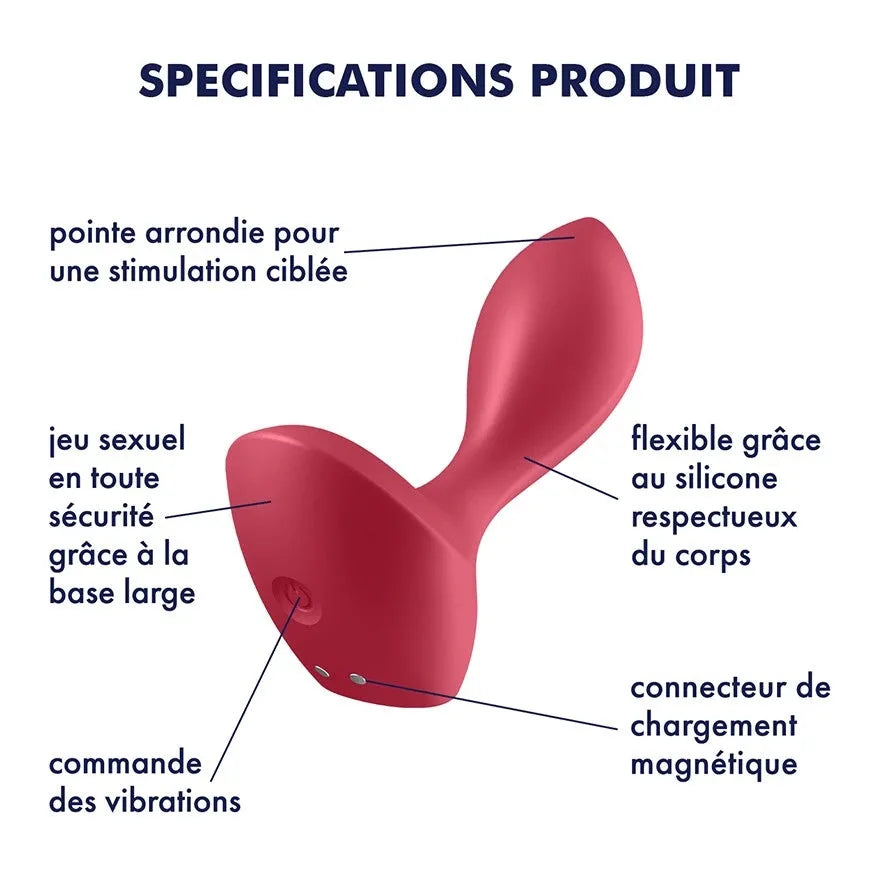 Plug anal vibrant rouge silicone flexible avec base large et chargeur magnétique, idéal pour une stimulation ciblée.