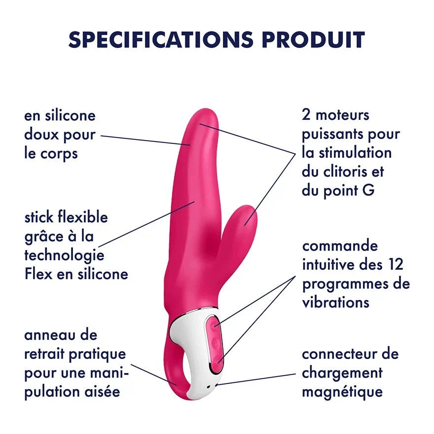 Vibromasseur en silicone rose double moteur, waterproof, 12 programmes.