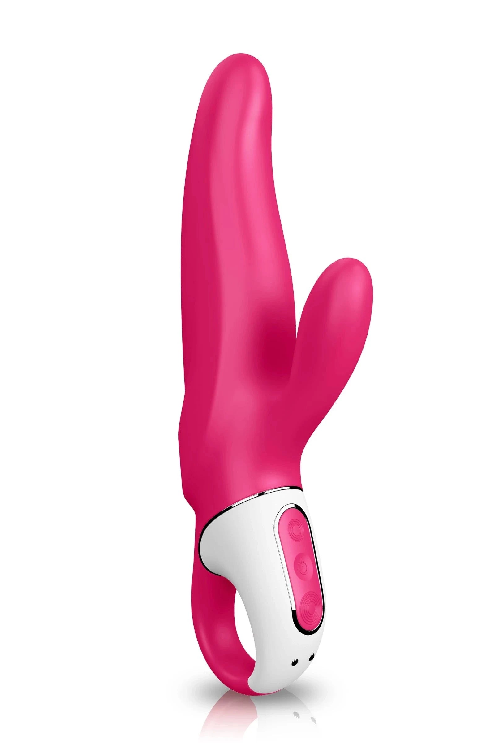 Vibromasseur rose en silicone, étanche, avec stimulation double; idéal pour moments intimes.
